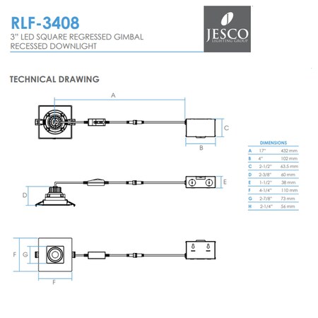 Jesco Downlight LED 3 Square Regressed Gimbal Recessed 8W 5CCT 90CRI BK RLF-3408-SW5-BK